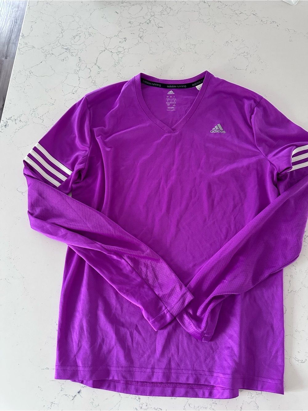 Adidas women’s Long Sleeve V-Neck Shirt in Bright Purple with White Stripes